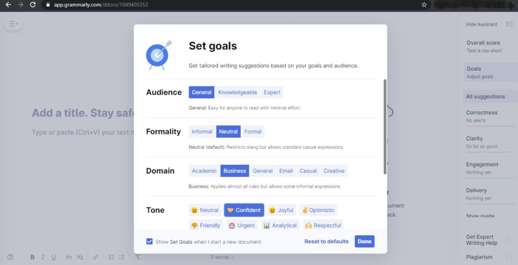 Grammarly Goals setting