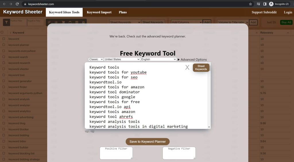 KeywordSheeter Free keyword research